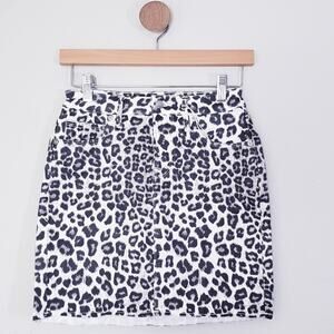 NEW Good American White Black Snow Leopard Animal Print Raw Edge Mini Skirt